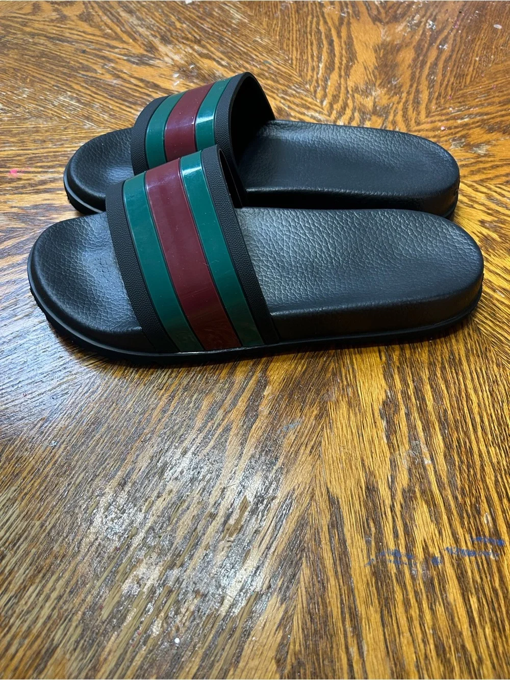 Gucci Black Slides with Green and Burgundy Stripes